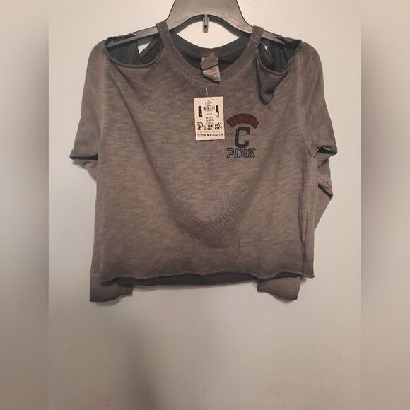 MLB x Pink Three Strikes Cropped Cold Shoulder Gray Sweatshirt Top Cleveland  XS - Picture 1 of 3